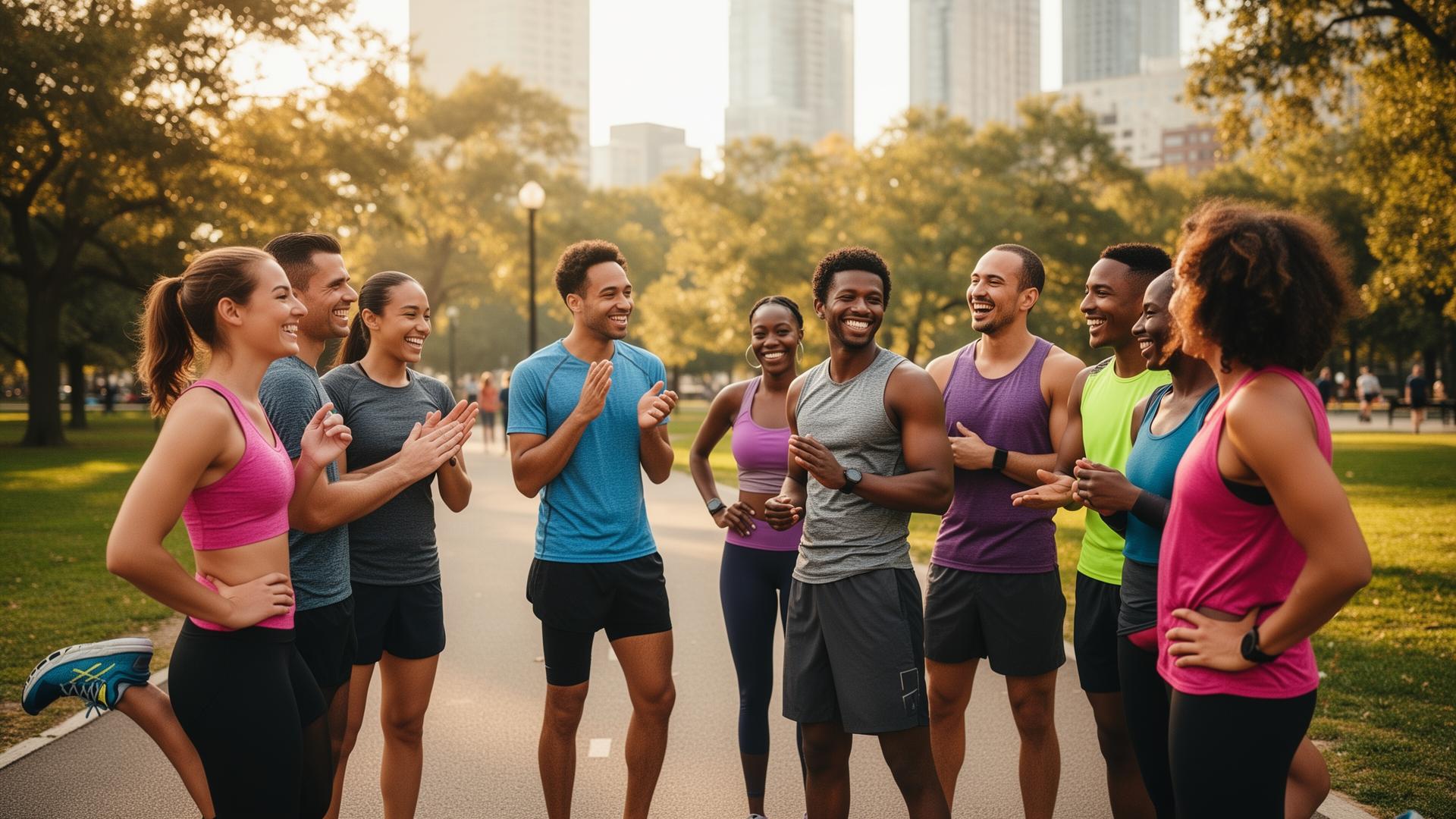 Runners samen lachend in een stadspark