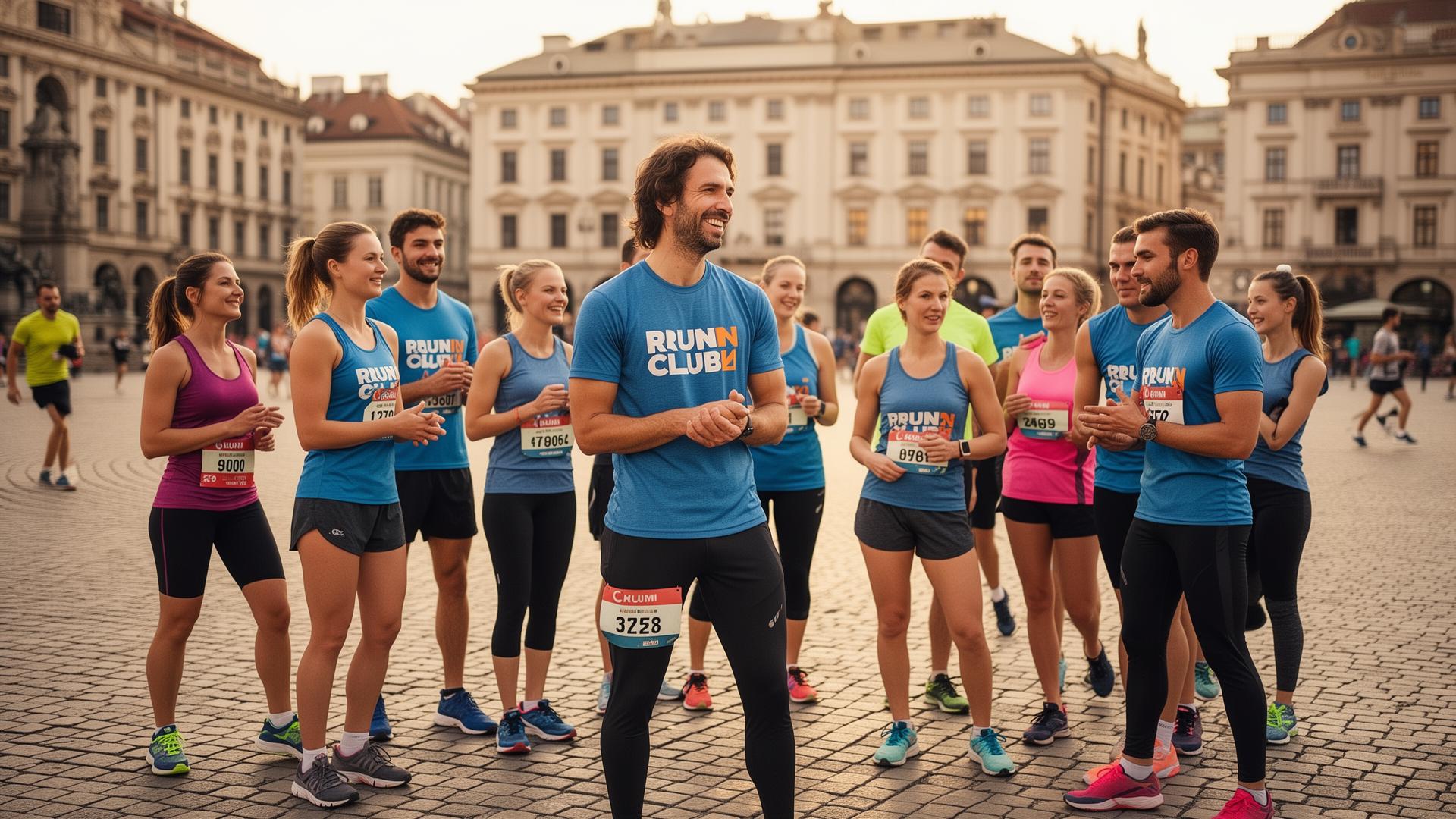 Een runclub komt samen voor een groepsrun op een stadsplein